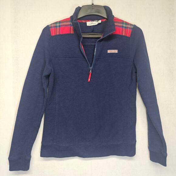 Vineyard Vines Blue 1/4 Zip Sweatshirt Pullover Plaid Shoulders - Picture 1 of 7